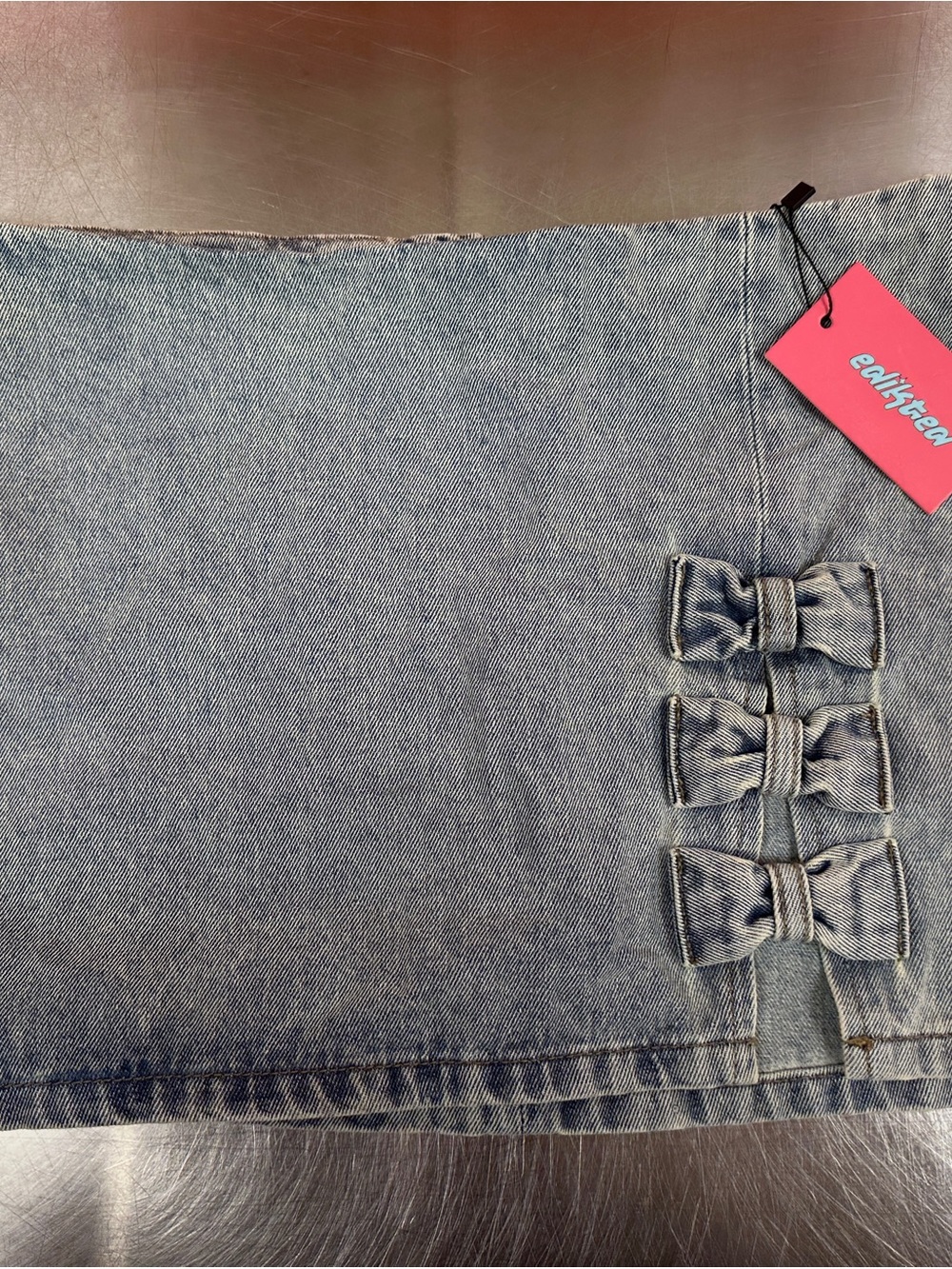 NWT Edikted Light Blue Denim Mini Skirt Bow Slit Detail Size S Coquette